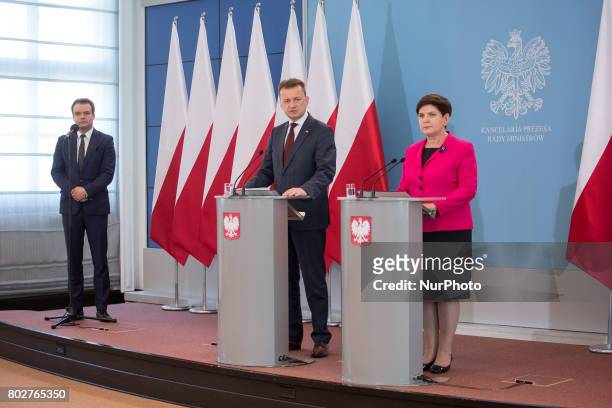 Prime Minister of Poland Beata Szydlo and Polish Minister of the Interior and Administration Mariusz Blaszczak during the press conference about...