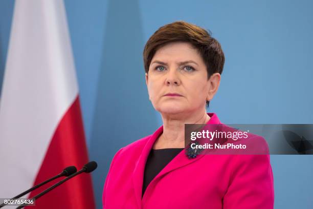 Prime Minister of Poland Beata Szydlo during the press conference about ransomware Petya cyberattack in Poland, at Chancellery of the Prime Minister...