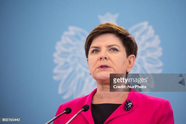 Prime Minister of Poland Beata Szydlo during the press conference about ransomware Petya cyberattack in Poland, at Chancellery of the Prime Minister...