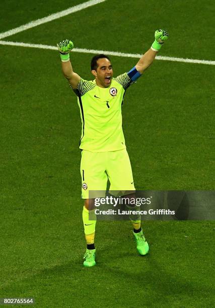 Claudio Bravo of Chile celebrates winning the penalty shoot out after the FIFA Confederations Cup Russia 2017 Semi-Final between Portugal and Chile...