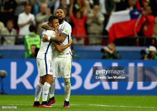 Alexis Sanchez of Chile celebrates scoring his sides third penalty with Arturo Vidal of Chile during the FIFA Confederations Cup Russia 2017...