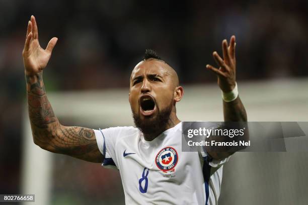 Arturo Vidal of Chile celebrates during the penalty shoot out during the FIFA Confederations Cup Russia 2017 Semi-Final between Portugal and Chile at...