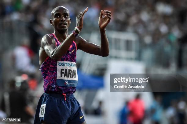 Farah Mo celebrates after the 1000. Men IAAF World challenge Zlata Tretra in Ostrava, Czech Republic on June 28, 2017.