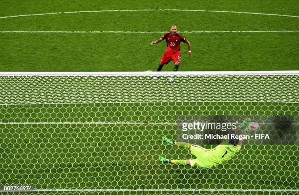 Claudio Bravo of Chile saves Ricardo Quaresma of Portugal peanlty during the penalty shoot out during the FIFA Confederations Cup Russia 2017...