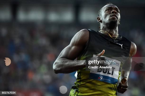 Usain Bolt of Jamaica finishes the line during the 100 meters men IAAF World challenge Zlata Tretra in Ostrava, Czech Republic on June 28, 2017.