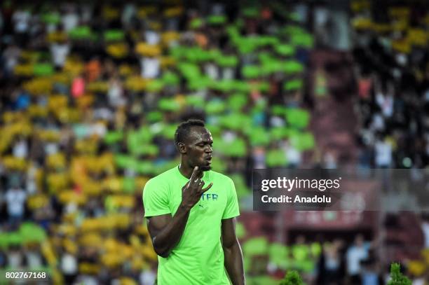 Usain Bolt of Jamaica finishes the line during the 100 meters men IAAF World challenge Zlata Tretra in Ostrava, Czech Republic on June 28, 2017.