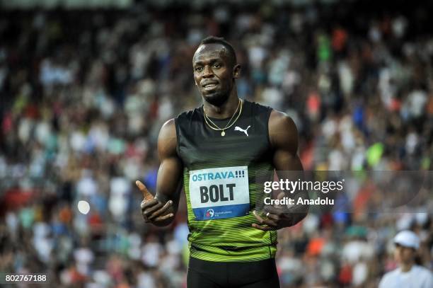 Usain Bolt of Jamaica finishes the line during the 100 meters men IAAF World challenge Zlata Tretra in Ostrava, Czech Republic on June 28, 2017.