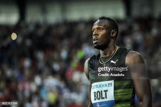 Usain Bolt of Jamaica finishes the line during the 100 meters men IAAF World challenge Zlata Tretra in Ostrava, Czech Republic on June 28, 2017.