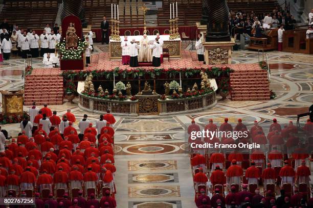 Pope Francis leads a consistory at St. Peter's Basilica on June 28, 2017 in Vatican City, Vatican. Pope Francis installed 5 new cardinals during the...