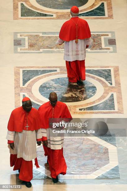 Cardinals walk through the central navata of St. Peter's Basilica during a consistory on June 28, 2017 in Vatican City, Vatican. Pope Francis...
