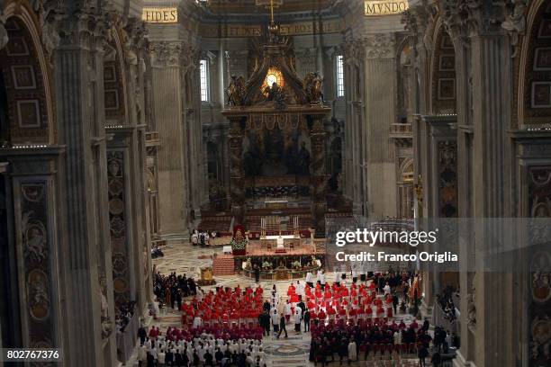General view of St. Peter's Basilica during a consistory held by Pope Francis on June 28, 2017 in Vatican City, Vatican. Pope Francis installed 5 new...