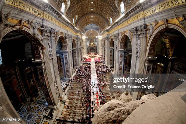 General view of St. Peter's Basilica during a consistory held by Pope Francis on June 28, 2017 in Vatican City, Vatican. Pope Francis installed 5 new...
