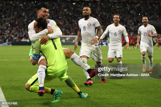 Claudio Bravo of Chile celebrates with his team-mates after they won a penalty shootout during the FIFA Confederations Cup Russia 2017 Semi-Final...