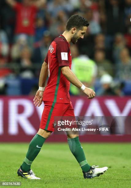Joao Moutinho of Portugal reacts to missing his sides second penalty during the FIFA Confederations Cup Russia 2017 Semi-Final between Portugal and...