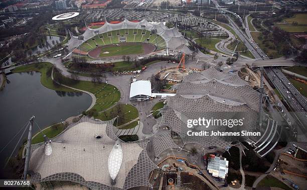 General view of the Olympic Stadium, seen during rain on March 17, 2008 in Munich, Germany. The weather forecasts predict wet, rainy and regional...