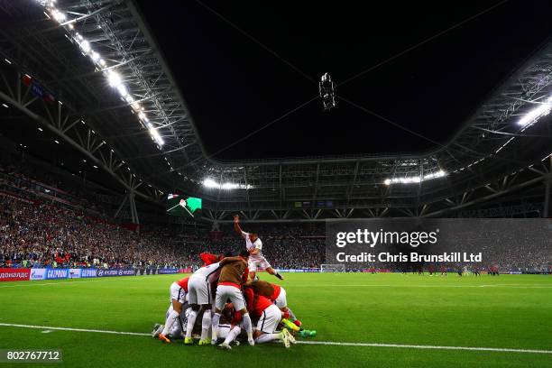 Chile celebrate after the penalty shoot out following the FIFA Confederations Cup Russia 2017 Semi-Final match between Portugal and Chile at Kazan...