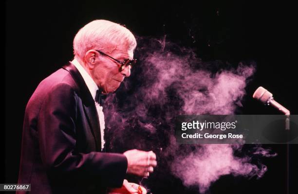 Entertainer and comedian, George Burns, performs at a 1986 Beverly Hills, California benefit held at the Beverly Hilton Hotel. A star of vaudeville,...