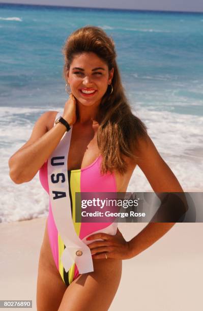 Miss USA, Gretchen Polhemus, poses on the beach during a 1989 Cancun, Mexico, photo shoot promoting the Miss Universe Pageant. Polhemus was second...