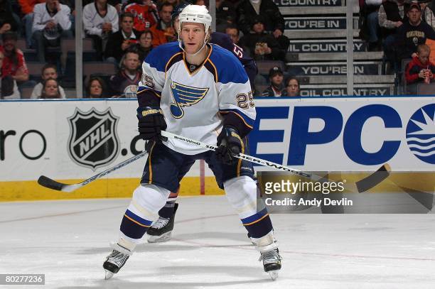 Yan Stastny of the St. Louis Blues watches the puck during a game against the Edmonton Oilers at Rexall Place on March 11, 2008 in Edmonton, Alberta,...