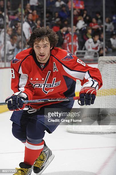 Alex Ovechkin of the Washington Capitals warms up before the game against the Atlanta Thrashers at the Verizon Center on March 14, 2008 in...