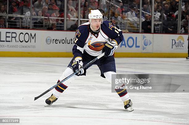 Ilya Kovalchuk of the Atlanta Thrashers skates down the ice against the Washington Capitals at the Verizon Center on March 14, 2008 in Washington, DC.