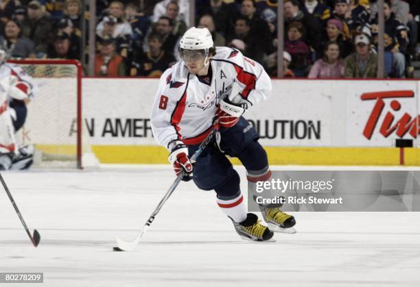 Alex Ovechkin of the Washington Capitals skates with the puck against the Buffalo Sabres during their NHL game on March 5, 2008 at HSBC Arena in...