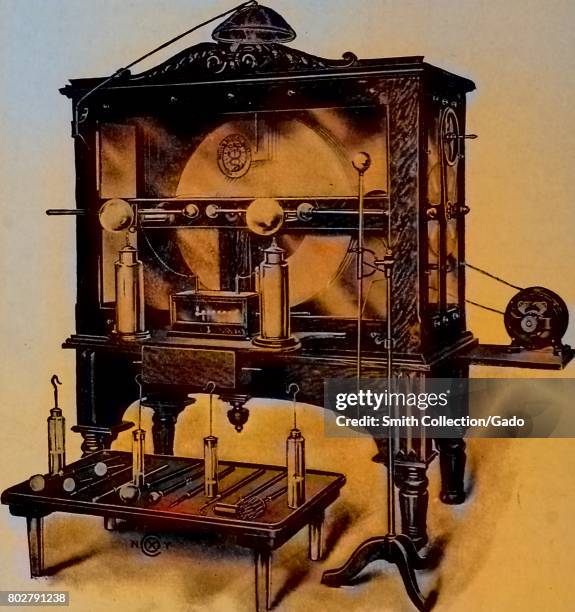 Illustration of then state-of-the-art dental radiography equipment, which used static electricity to power an X Ray system, produced by Waite and...