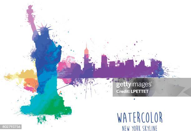 watercolor new york city skyline - statue of liberty in new york city stock illustrations