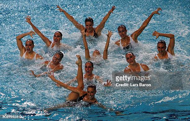 The team of Spain, who won the gold medal, in action during the Team Free Routine Combination Final during day five of the 29th LEN European...