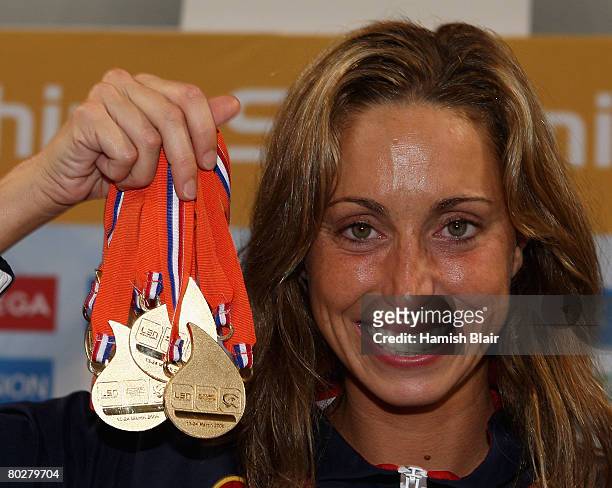 Gemma Mengual of Spain with her four gold medals after winning the solo, duet and both team events during day five of the 29th LEN European...