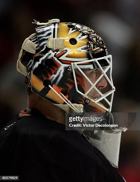 Goaltender J.S. Giguere of the Anaheim Ducks looks on during their NHL game against the St. Louis Blues in the second period at the Honda Center on...