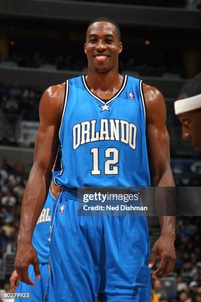 Dwight Howard of the Orlando Magic looks on with a smile during the game against the Washington Wizards at the Verizon Center on March 5, 2008 in...
