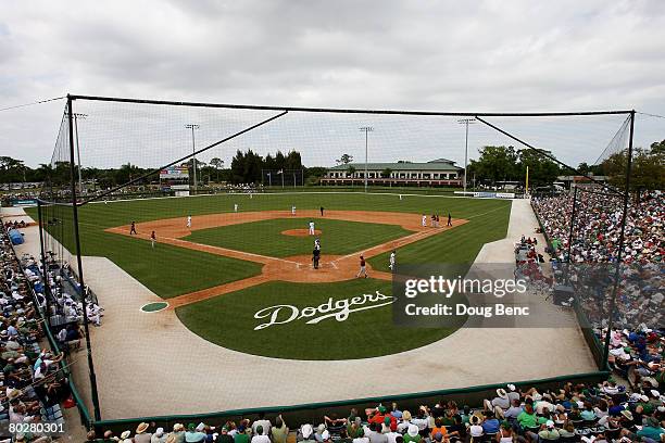 The Houston Astros bat against the Los Angeles Dodgers in a Spring Training game at Holman Stadium on March 17, 2008 in Vero Beach, Florida. The game...