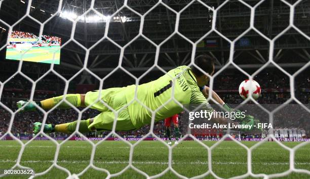 Claudio Bravo of Chile saves Joao Moutinho of Portugal penalty during the penatly shoot out during the FIFA Confederations Cup Russia 2017 Semi-Final...