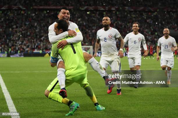 Claudio Bravo of Chile celebrates with Gary Medel and his team-mates after they won a penalty shootout during the FIFA Confederations Cup Russia 2017...