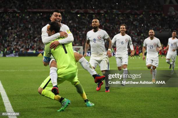 Claudio Bravo of Chile celebrates with Gary Medel and his team-mates after they won a penalty shootout during the FIFA Confederations Cup Russia 2017...