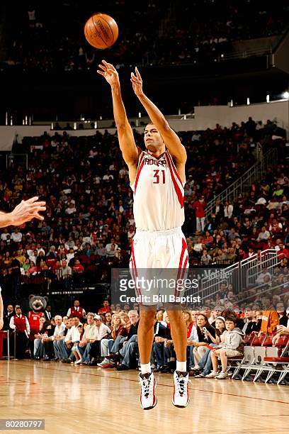 Shane Battier of the Houston Rockets shoots during the game against the New Orleans Hornets on March 8, 2008 at the Toyota Center in Houston, Texas....