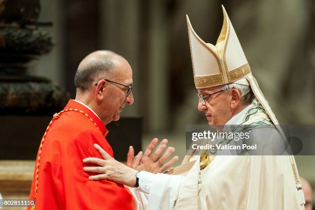 Pope Francis appoints archbishop of Barcelona Juan Jose Omella cardinal during a consistory at St. Peter's Basilica on June 28, 2017 in Vatican City,...