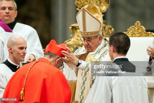 Pope Francis appoints archbishop of Barcelona Juan Jose Omella cardinal during a consistory at St. Peter's Basilica on June 28, 2017 in Vatican City,...