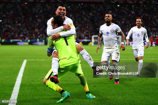 Claudio Bravo of Chile is congratulated by team-mate Gary Medel after the penalty shoot out following the FIFA Confederations Cup Russia 2017...