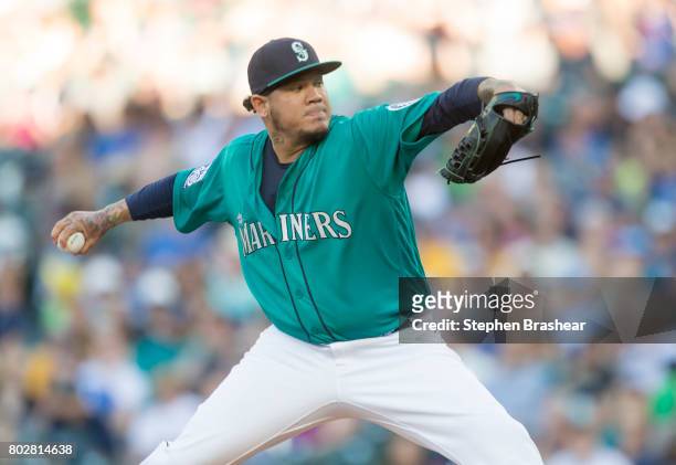 Starter Felix Hernandez of the Seattle Mariners delivers a pitch during a game against the Houston Astros at Safeco Field on June 23, 2017 in...