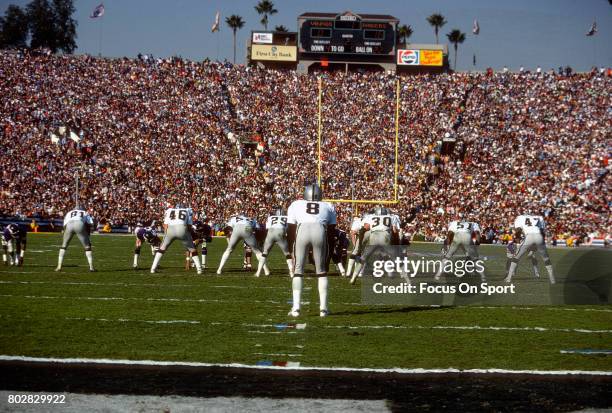 Ray Guy of the Oakland Raiders punts the ball against the Minnesota Vikings during Super Bowl XI on January 9, 1977 at the Rose Bowl in Pasadena,...