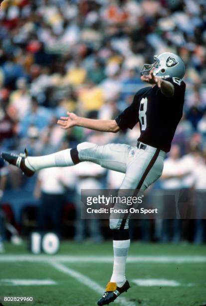 Punter Ray Guy of the Oakland Raiders punts the ball during a NFL football game circa 1980 at the Oakland-Alameda County Coliseum in Oakland,...