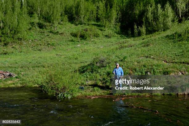 Fisherman casts his line in Maroon Creek in the Maroon Bells-Snowmass Wilderness of White River National Forest near Aspen, Colorado.