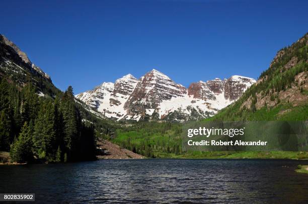 Maroon Lake and the Maroon Bells are popular outdoor recreation destinations near Aspen, Colorado. The Maroon Bells are two peaks in the Elk...