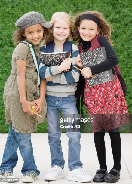 multi-ethnic school girls on sidewalk - day 1 stock pictures, royalty-free photos & images