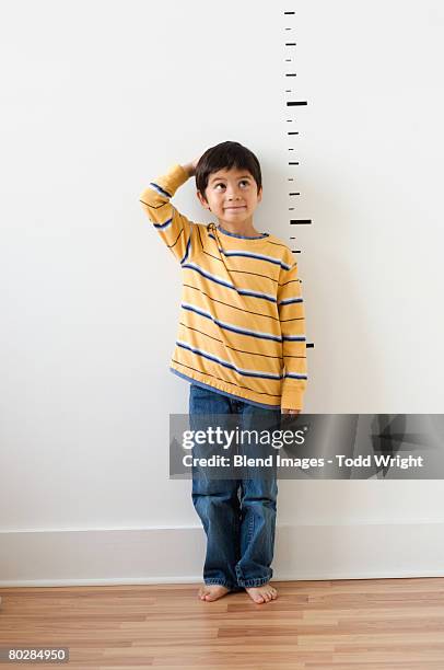 asian boy standing next to height markers on wall - instrument of measurement stock pictures, royalty-free photos & images