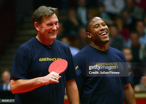 Ex football playersGlenn Hoddle and John Barnes share a joke in a charity match during the Dunlop Table Tennis Masters at the Royal Albert Hall on...