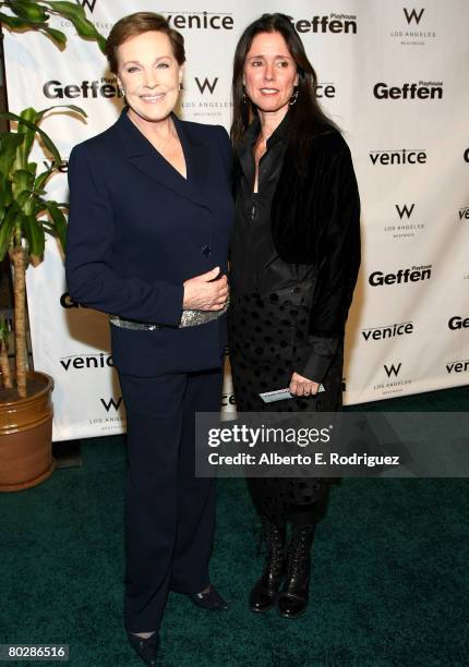 Actress Julie Andrews and actress Julie Taymor arrive at the Geffen Playhouse's annual Backstage at the Geffen Gala on March 17, 2008 in Los Angeles,...