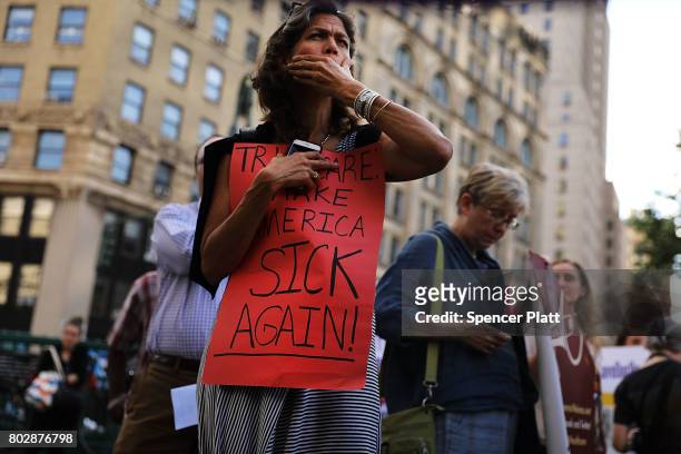People protest against the Senate healthcare bill on June 28, 2017 in New York City. The vote on the bill, which would make drastic cuts in medicaid...